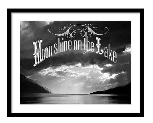 mixed media art photography calligraphy, moonshine on the lake in black and white