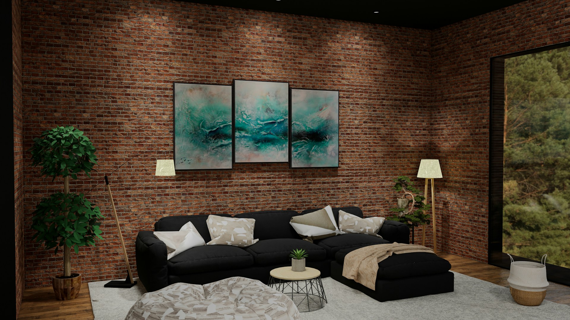 living room with brick wall design and furnitures